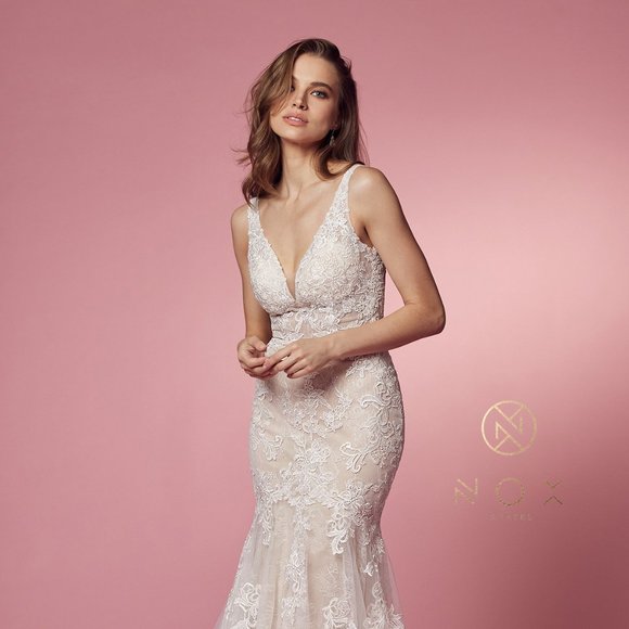 NEW LONG SLEEVELESS V-NECK MERMAID POLYESTER DRESS EMBROIDERED WITH LACE NX H493 - Picture 4 of 11